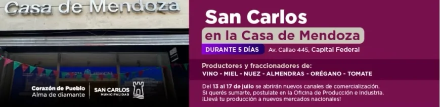 San Carlos promocionará sus productos regionales en la Casa de Mendoza de Buenos Aires